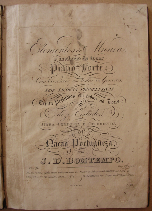 Capa dos "Elementos de Musica e methodo de Tocar Piano Forte" de J. D. Bomtempo.