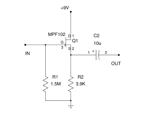 Esquema de um buffer para guitarra com o MPF102.